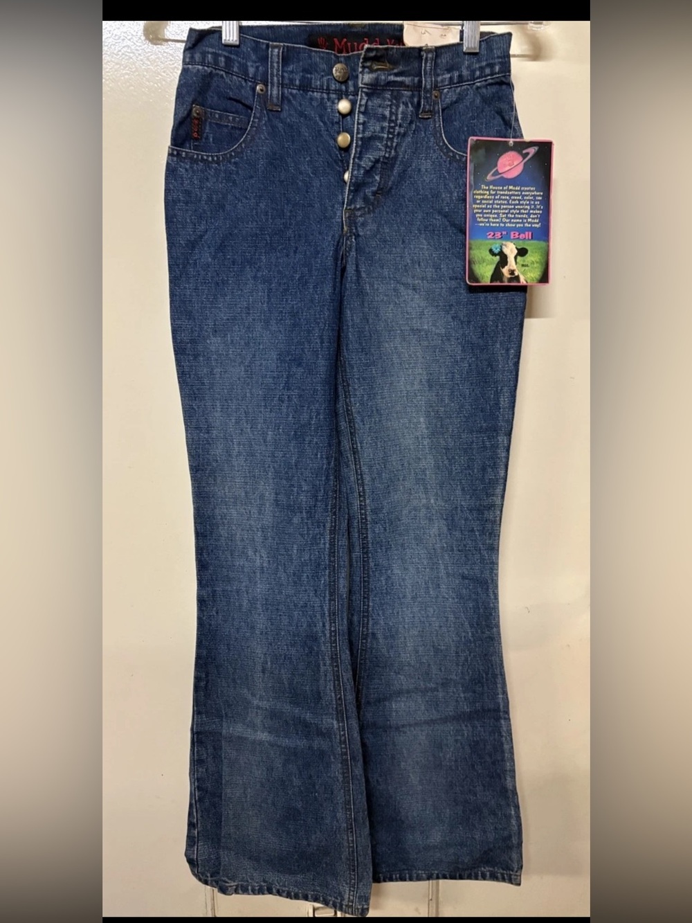 NWT Vintage Mudd 90s Y2K Bell Bottom Flare Jeans 23” Women’s SZ 0 UFO Cow Tag